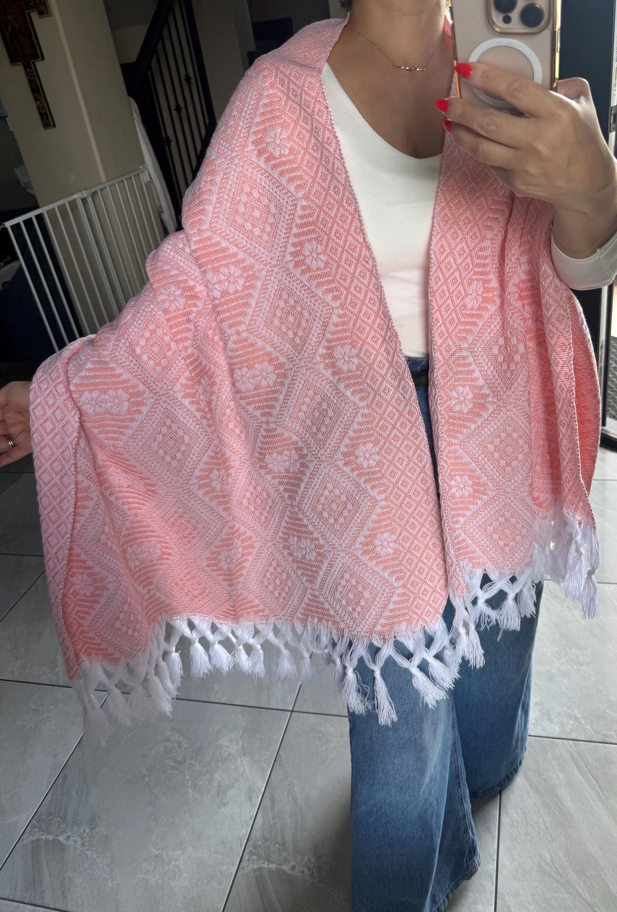 Mexican Rebozo – White | Peach Shawl from Puebla | 80×28 in | CasaArtMex
