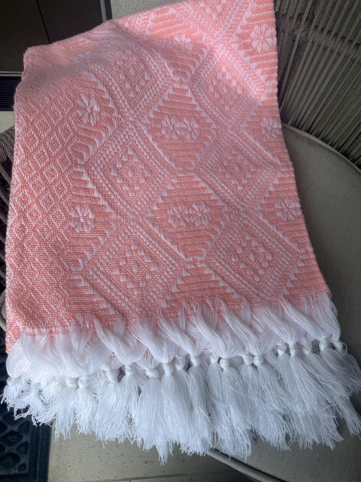 Mexican Rebozo – White | Peach Shawl from Puebla | 80×28 in | CasaArtMex