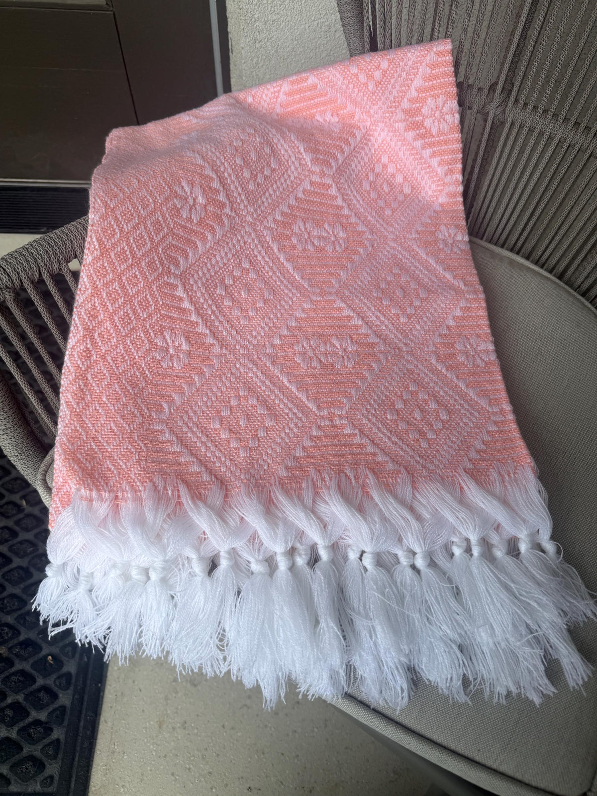 Mexican Rebozo – White | Peach Shawl from Puebla | 80×28 in | CasaArtMex