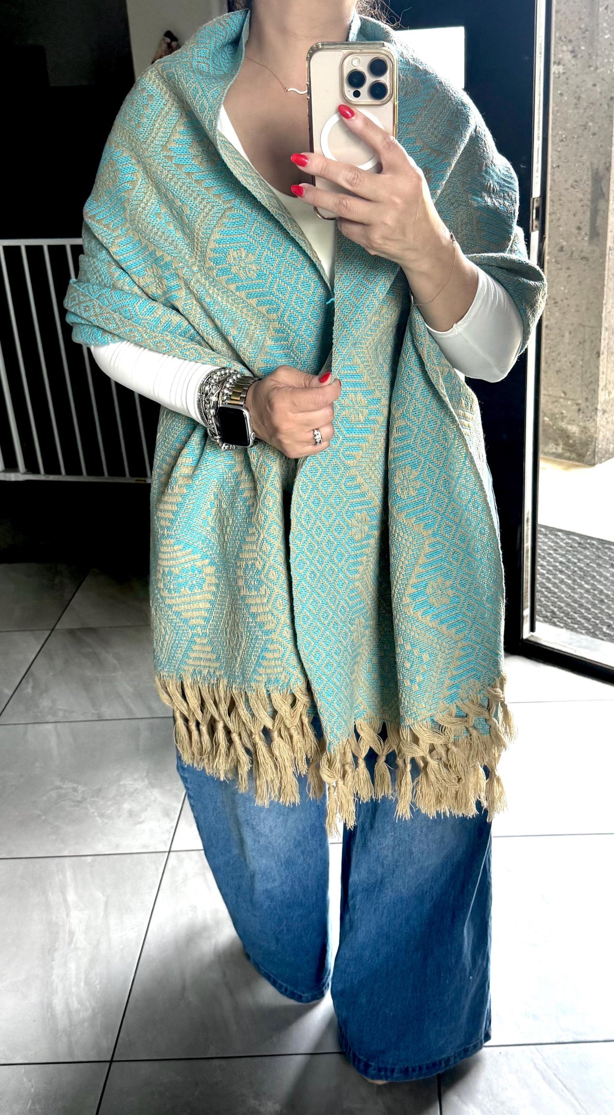Mexican Rebozo – Khaki | Turquoise Shawl from Puebla | 80×28 in | CasaArtMex