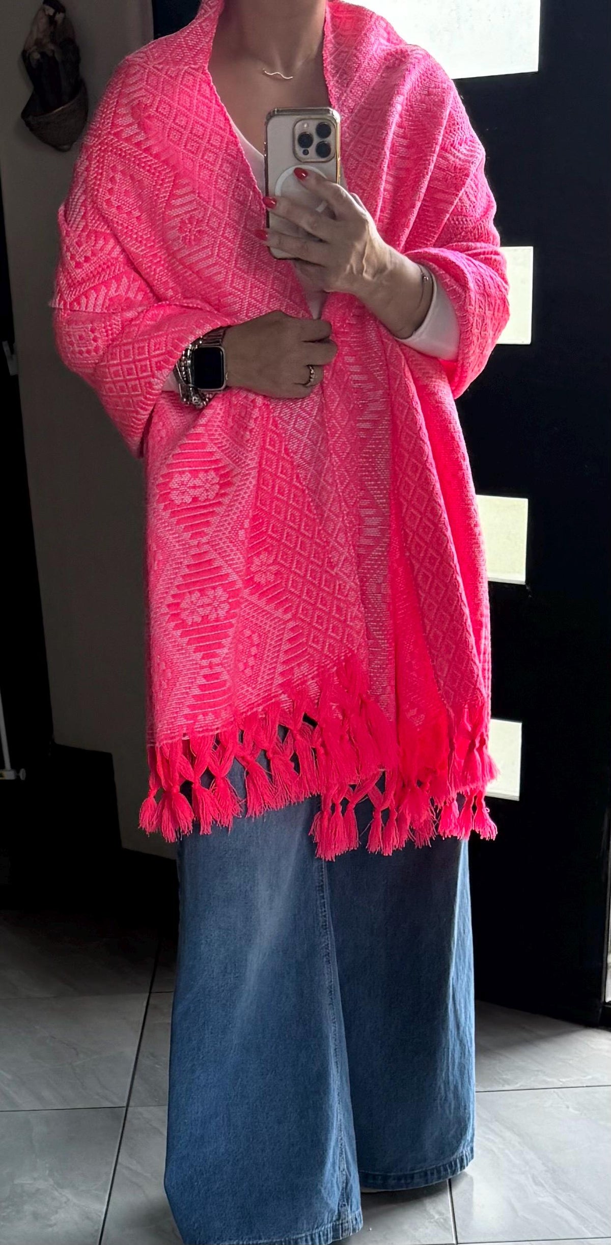 Mexican Rebozo – Hot Pink | White Shawl from Puebla | 80×28 in | CasaArtMex