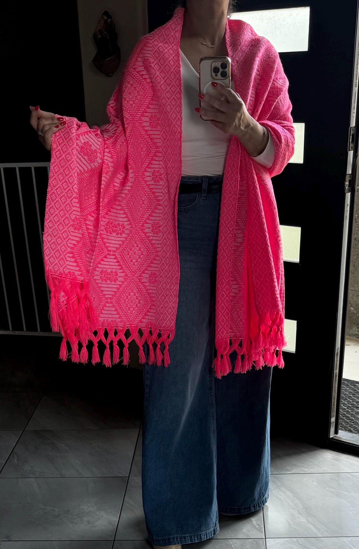 Mexican Rebozo – Hot Pink | White Shawl from Puebla | 80×28 in | CasaArtMex