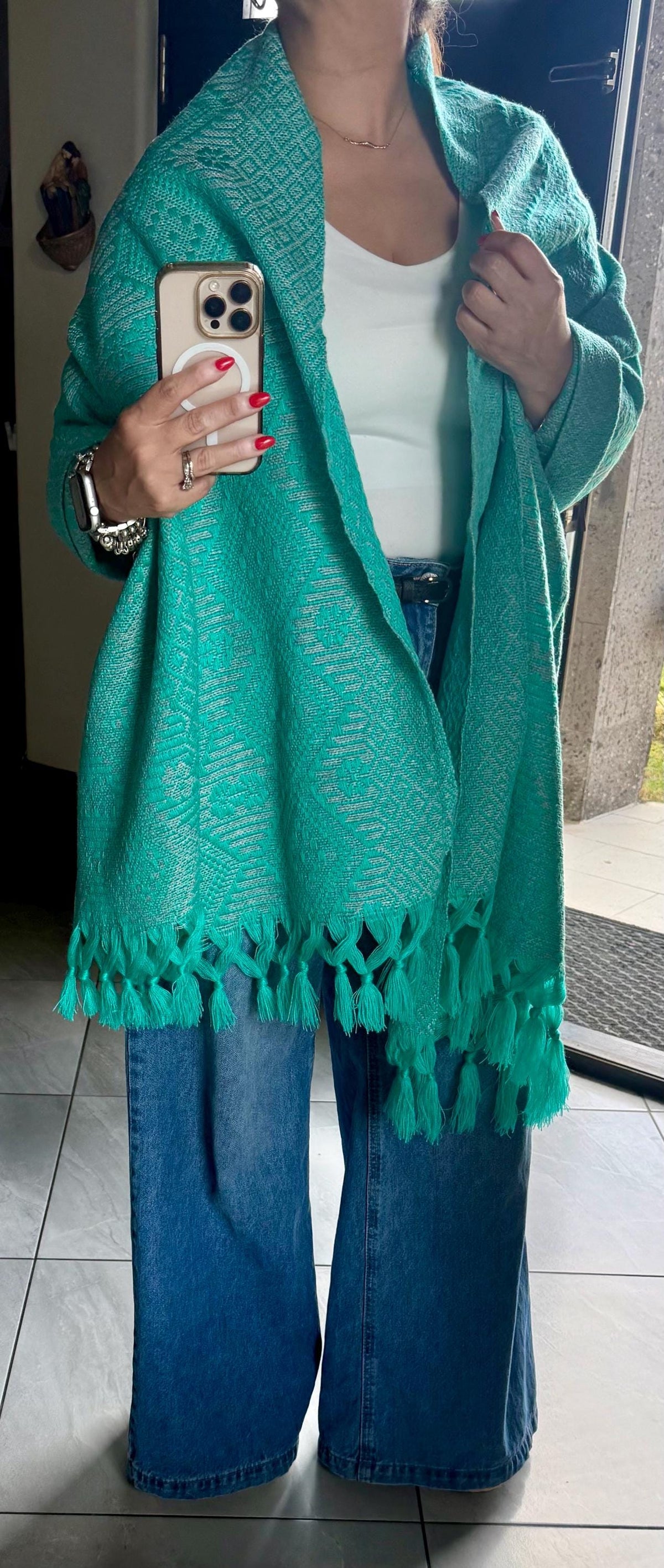 Mexican Rebozo – Turquoise | Gray Shawl from Puebla | 80×28 in | CasaArtMex