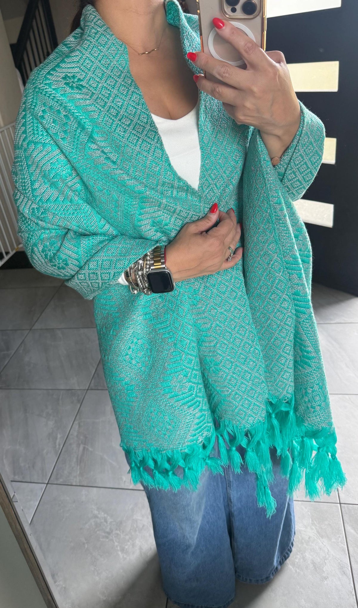 Mexican Rebozo – Turquoise | Gray Shawl from Puebla | 80×28 in | CasaArtMex
