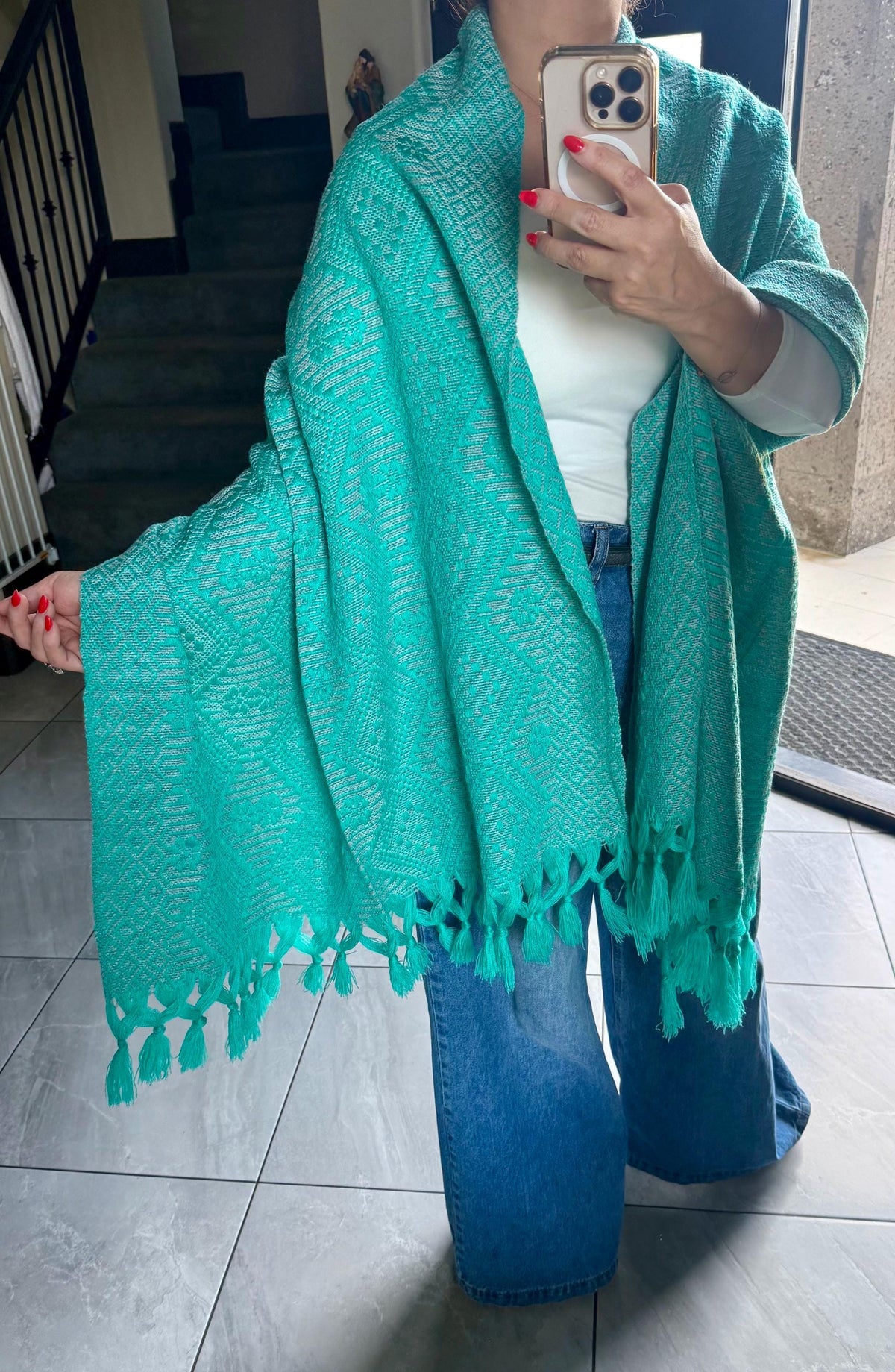 Mexican Rebozo – Turquoise | Gray Shawl from Puebla | 80×28 in | CasaArtMex