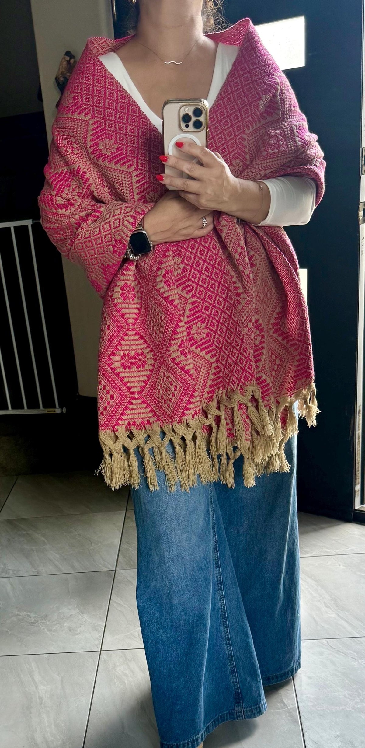 Mexican Rebozo – Khaki | Pink Shawl from Puebla | 80×28 in | CasaArtMex