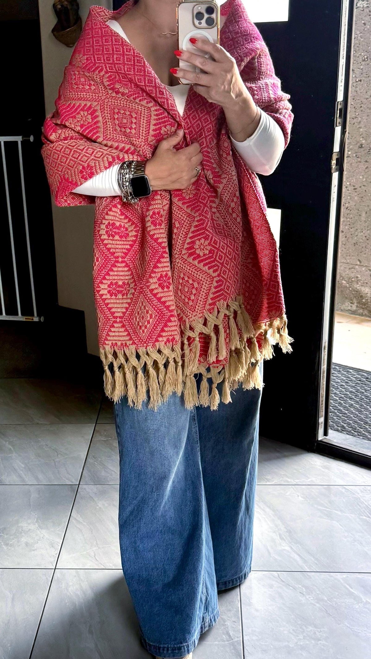 Mexican Rebozo – Khaki | Pink Shawl from Puebla | 80×28 in | CasaArtMex