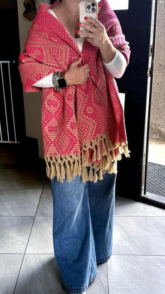 Mexican Rebozo – Khaki | Pink Shawl from Puebla | 80×28 in | CasaArtMex