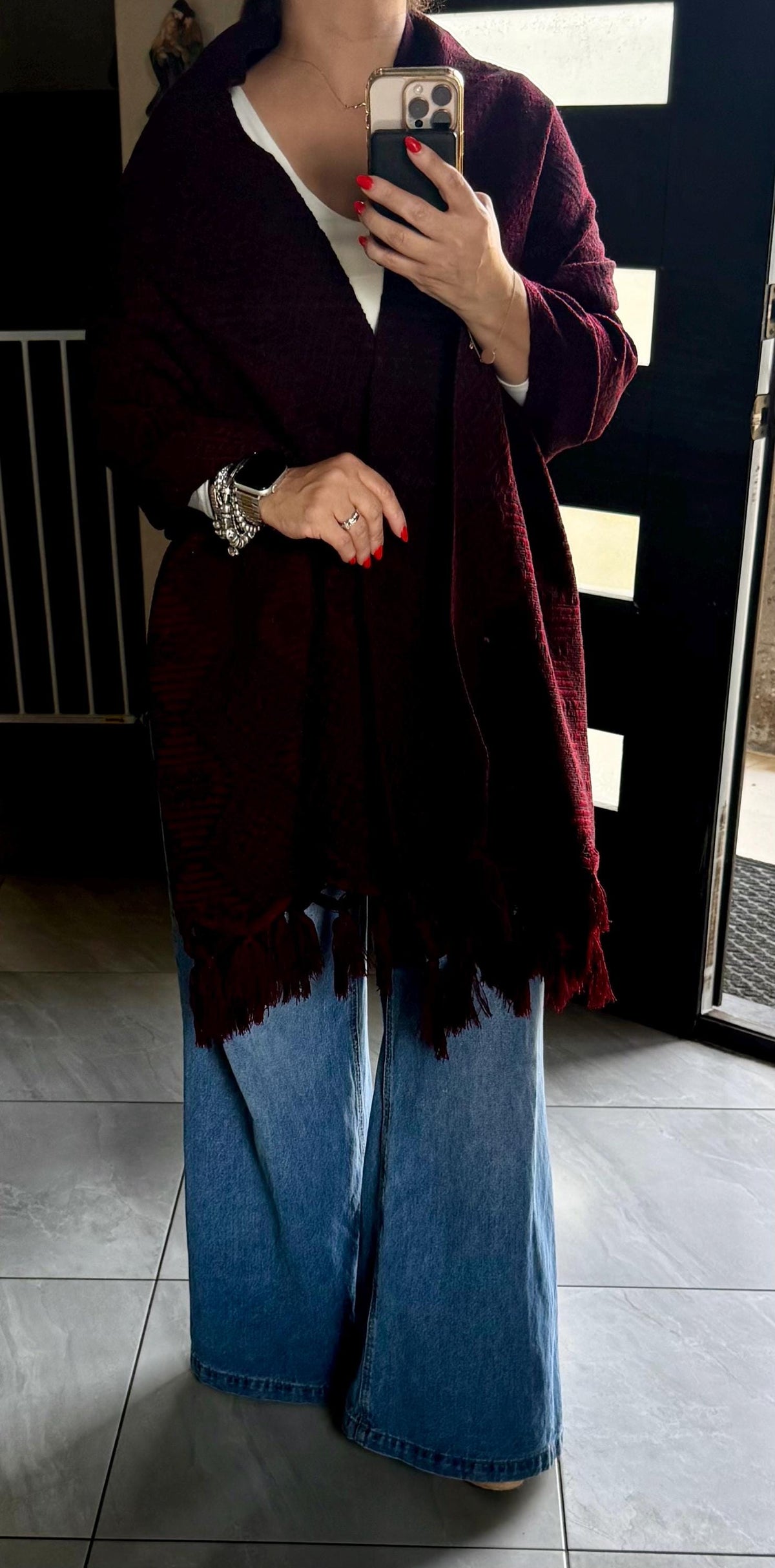 Mexican Rebozo – Burgundy | Wine | Maroon | Black Shawl from Puebla | 80×28 in | CasaArtMex