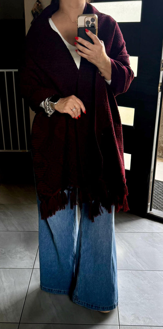 Mexican Rebozo – Burgundy | Wine | Maroon | Black Shawl from Puebla | 80×28 in | CasaArtMex
