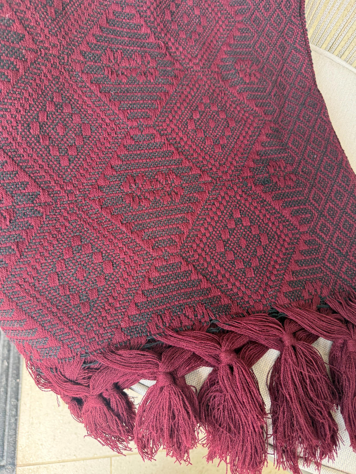 Mexican Rebozo – Burgundy | Wine | Maroon | Black Shawl from Puebla | 80×28 in | CasaArtMex