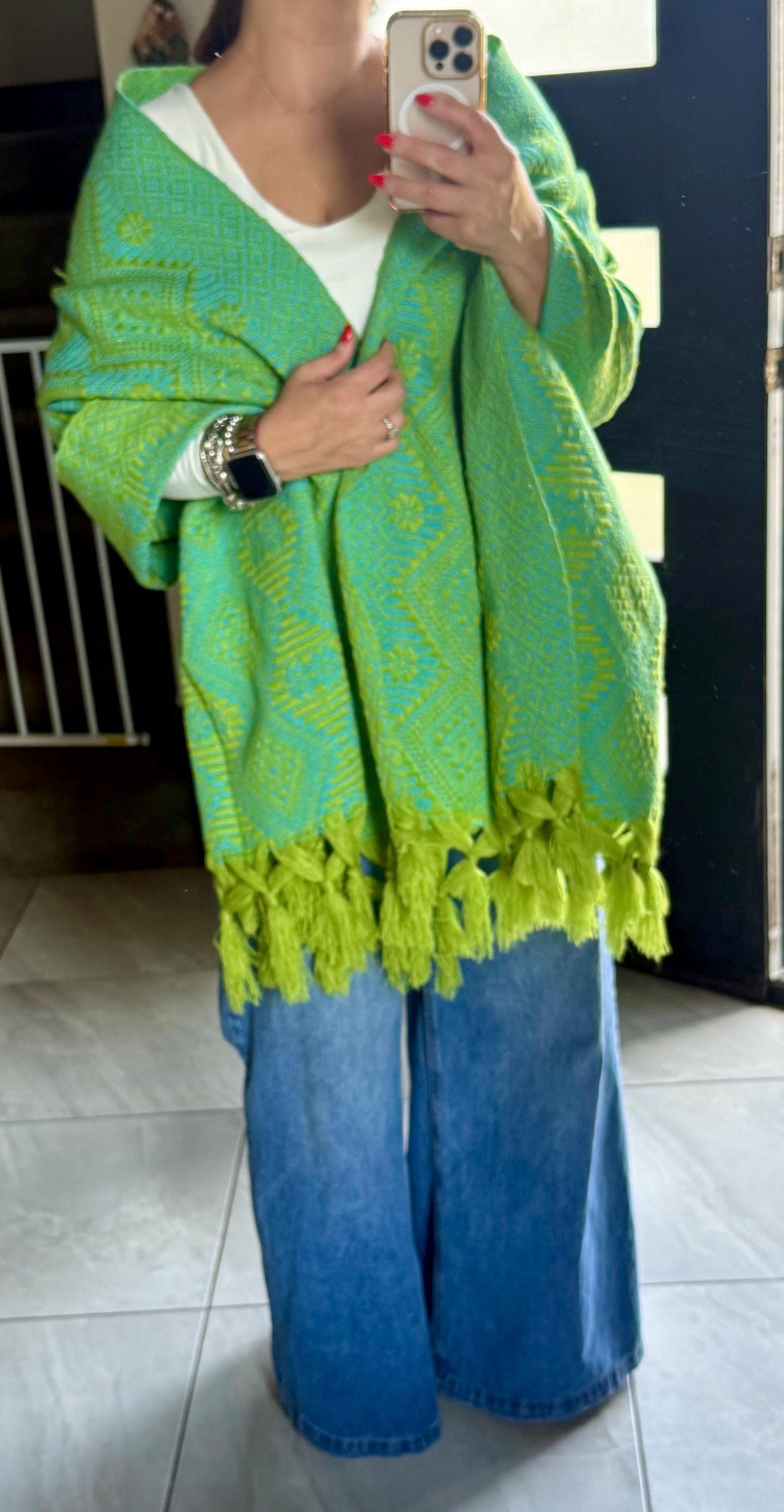 Mexican Rebozo – Lime Green | Turquoise Shawl from Puebla | 80×28 in | CasaArtMex