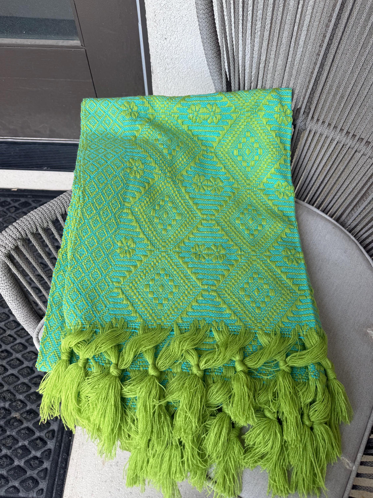 Mexican Rebozo – Lime Green | Turquoise Shawl from Puebla | 80×28 in | CasaArtMex