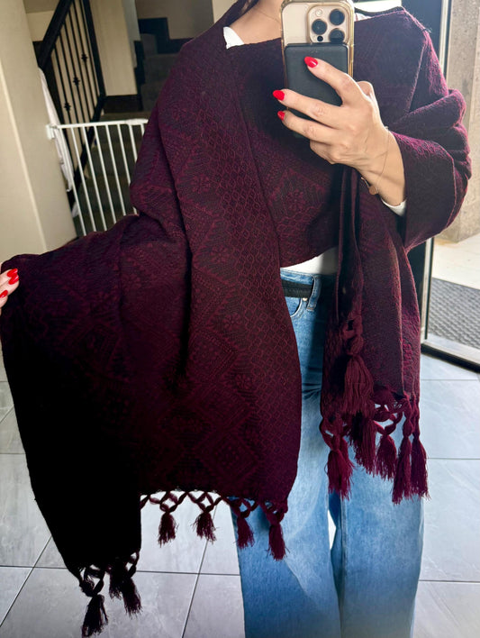 Mexican Rebozo with Pechera – | Burgundy | Black | Maroon | Shawl from Puebla | CasaArtMexl