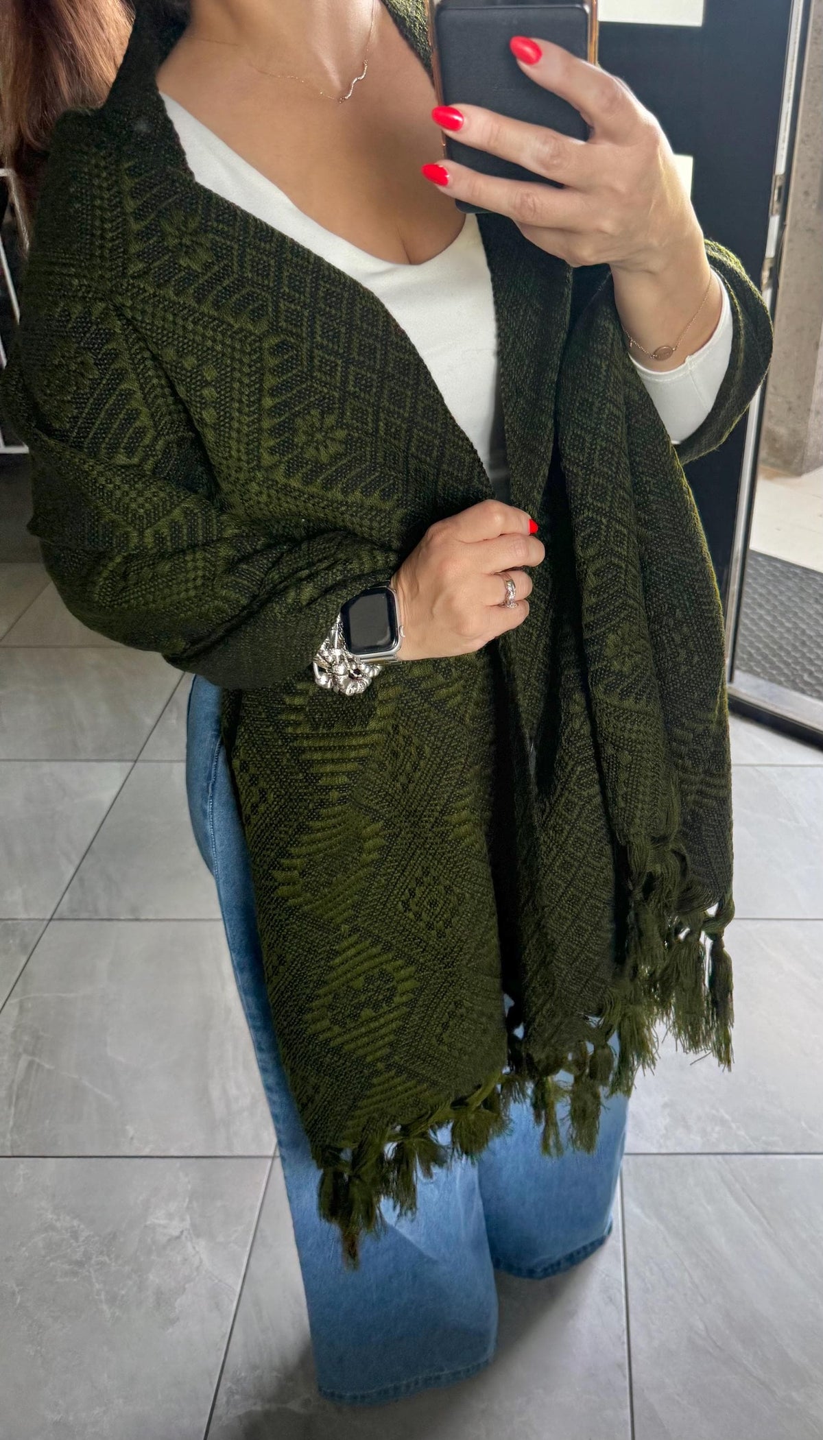 Mexican Rebozo – Army Green | Black Shawl from Puebla | 80×28 in | CasaArtMex