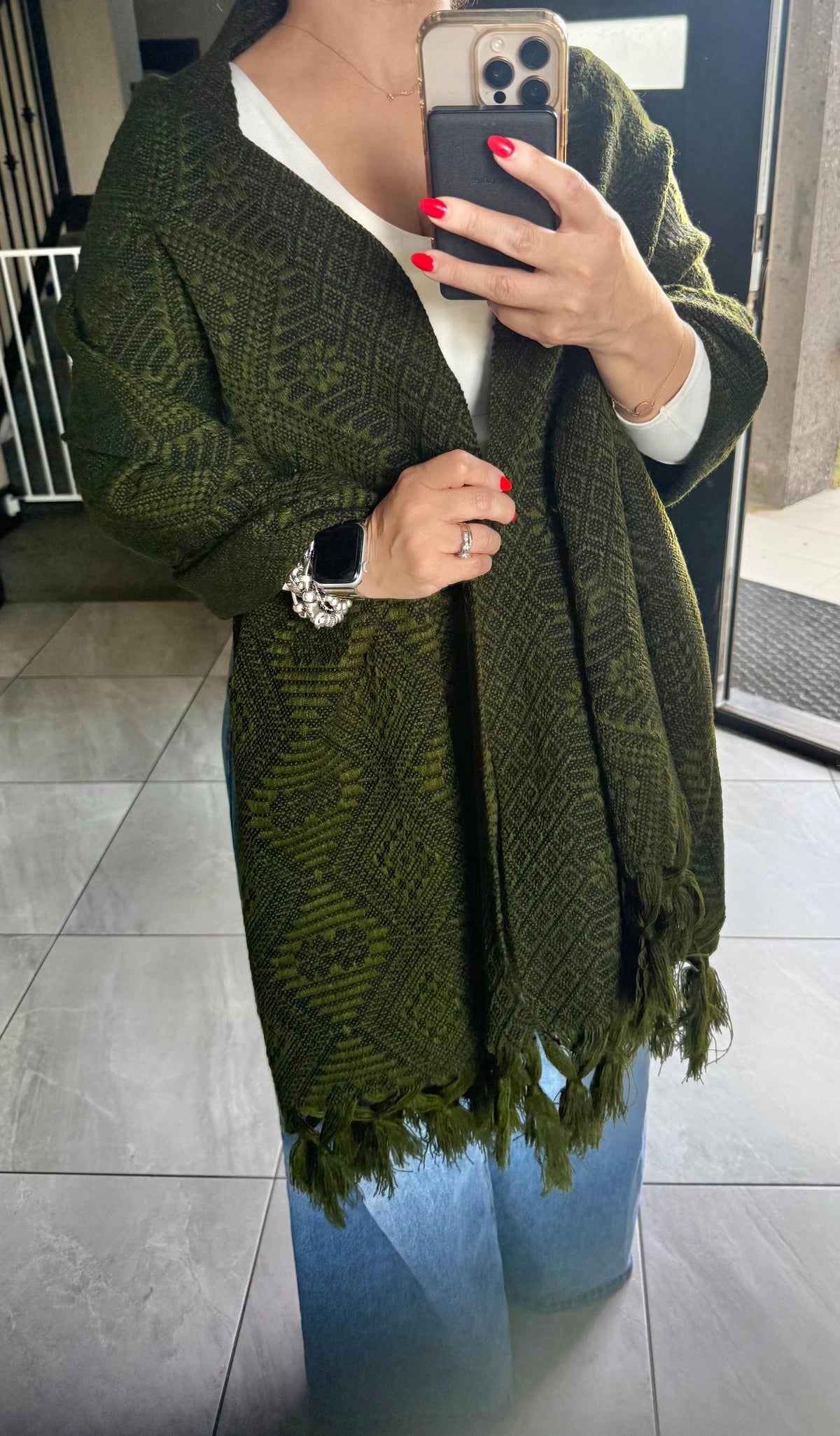 Mexican Rebozo – Army Green | Black Shawl from Puebla | 80×28 in | CasaArtMex