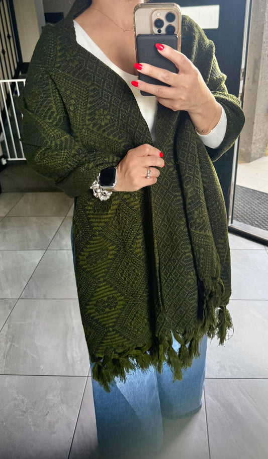 Mexican Rebozo – Army Green | Black Shawl from Puebla | 80×28 in | CasaArtMex