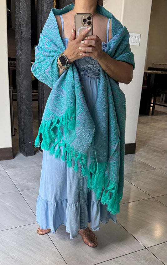 Mexican Rebozo – Turquoise | Lavender Shawl from Puebla | 80×28 in | CasaArtMex