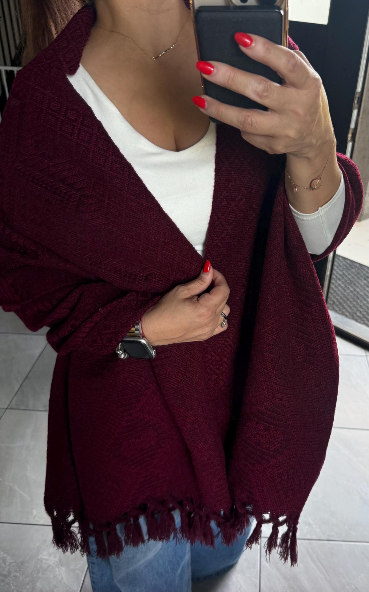 Mexican Rebozo – Burgundy | Wine | Maroon Shawl from Puebla | 80×28 in | CasaArtMex