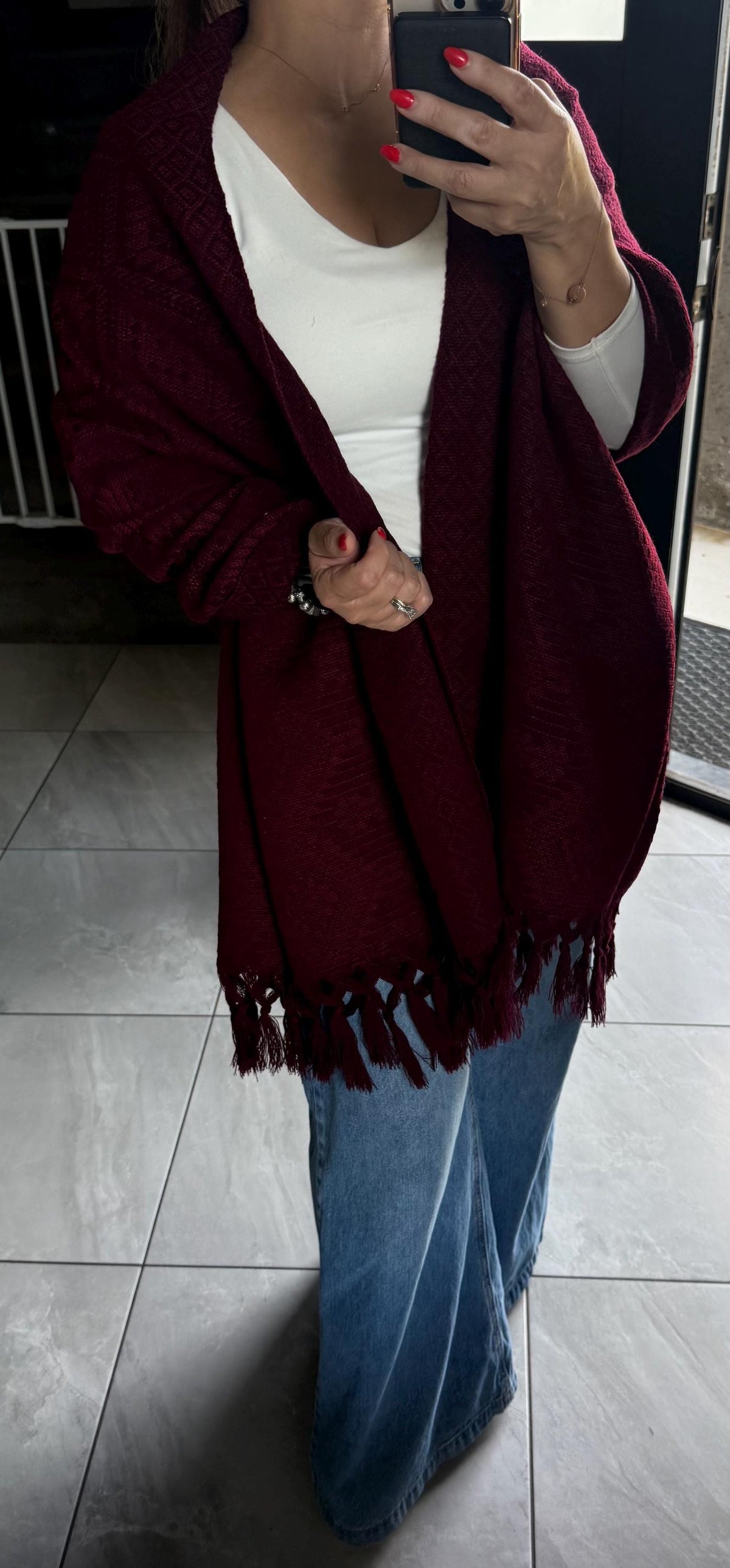 Mexican Rebozo – Burgundy | Wine | Maroon Shawl from Puebla | 80×28 in | CasaArtMex