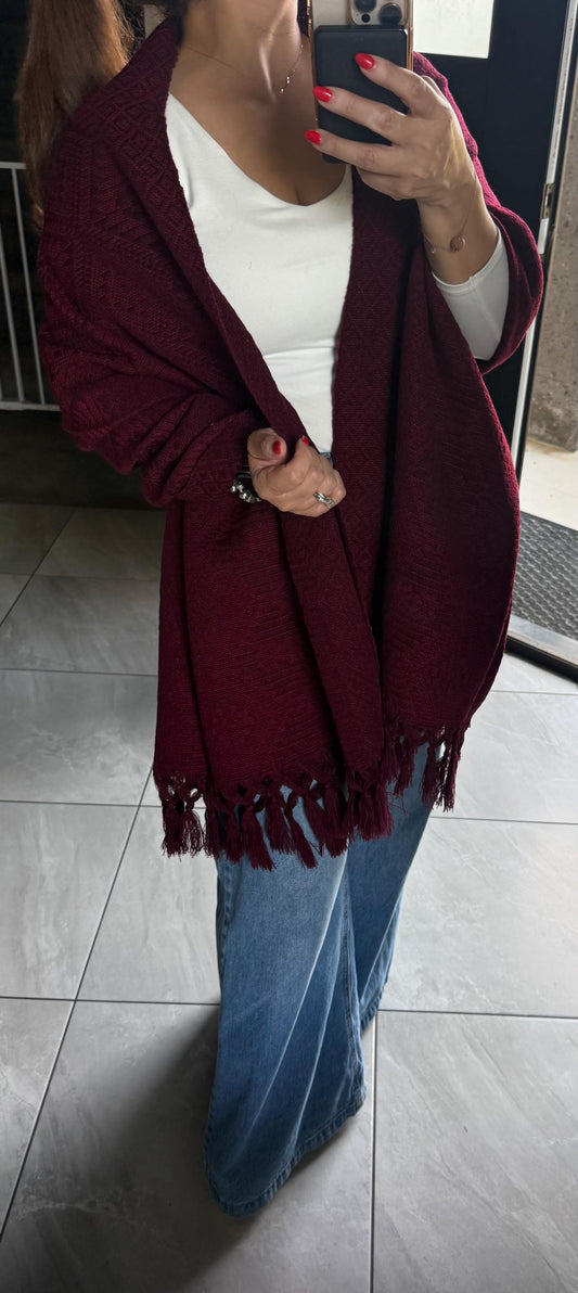 Mexican Rebozo – Burgundy | Wine | Maroon Shawl from Puebla | 80×28 in | CasaArtMex
