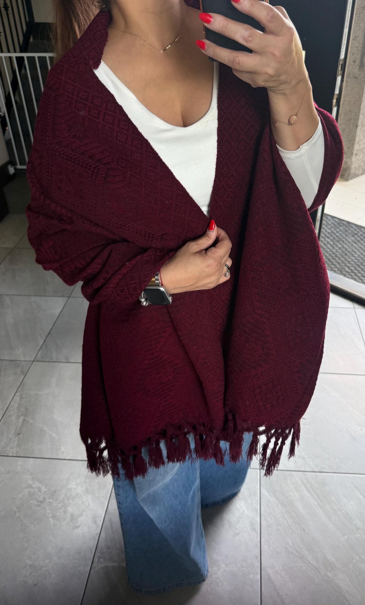 Mexican Rebozo – Burgundy | Wine | Maroon Shawl from Puebla | 80×28 in | CasaArtMex
