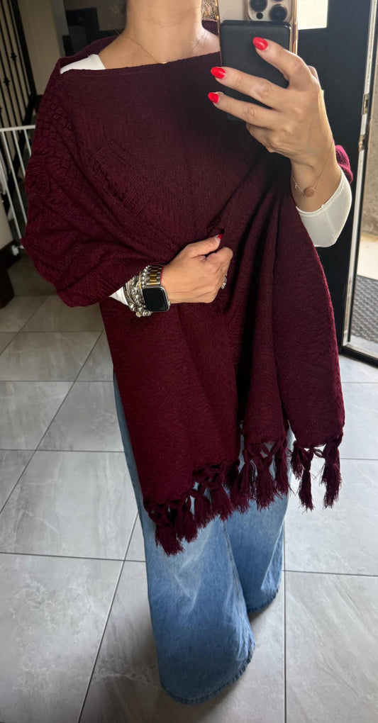 Mexican Rebozo with Pechera – | Burgundy | Wine | Maroon | Shawl from Puebla | CasaArtMexl