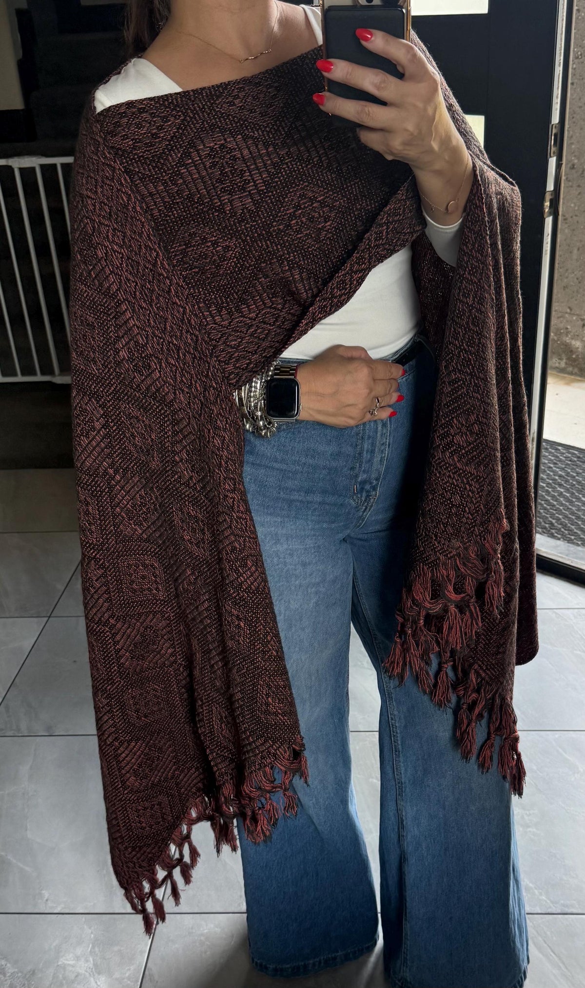 Mexican Rebozo with Pechera – Charcoal | Black | Peach | Shawl from Puebla | 80×28 in | CasaArtMex