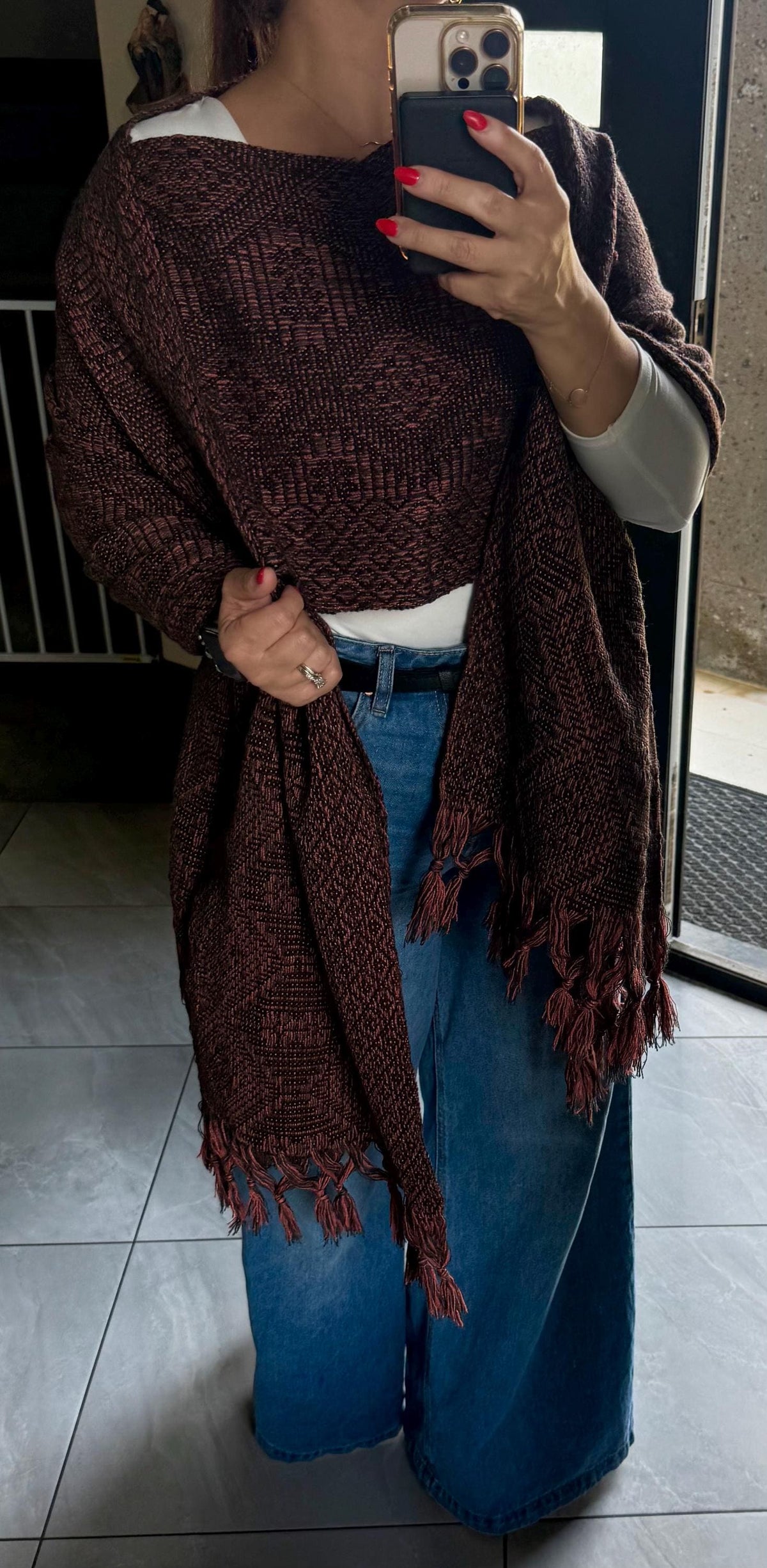 Mexican Rebozo with Pechera – Charcoal | Black | Peach | Shawl from Puebla | 80×28 in | CasaArtMex