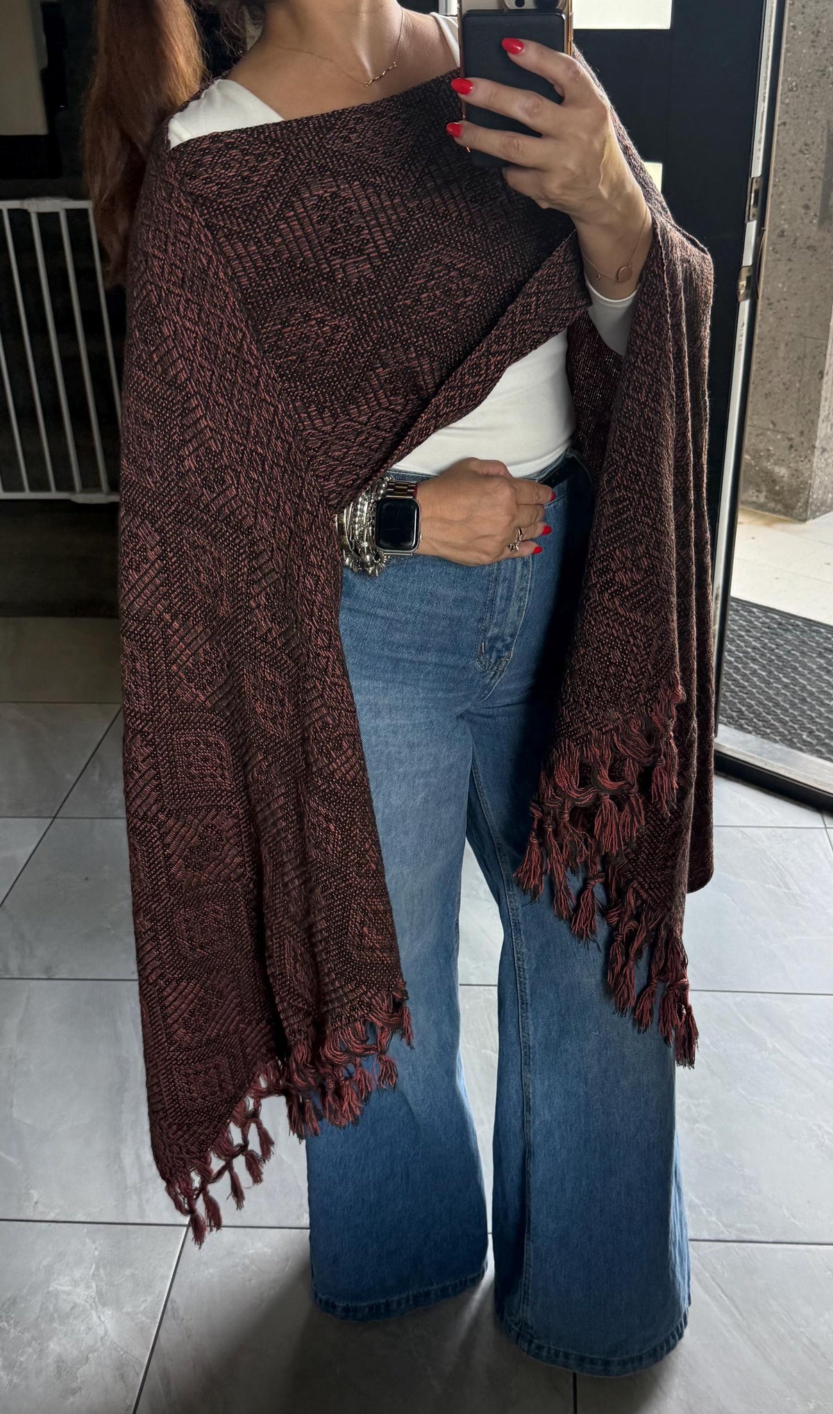 Mexican Rebozo with Pechera – Charcoal | Black | Peach | Shawl from Puebla | 80×28 in | CasaArtMex