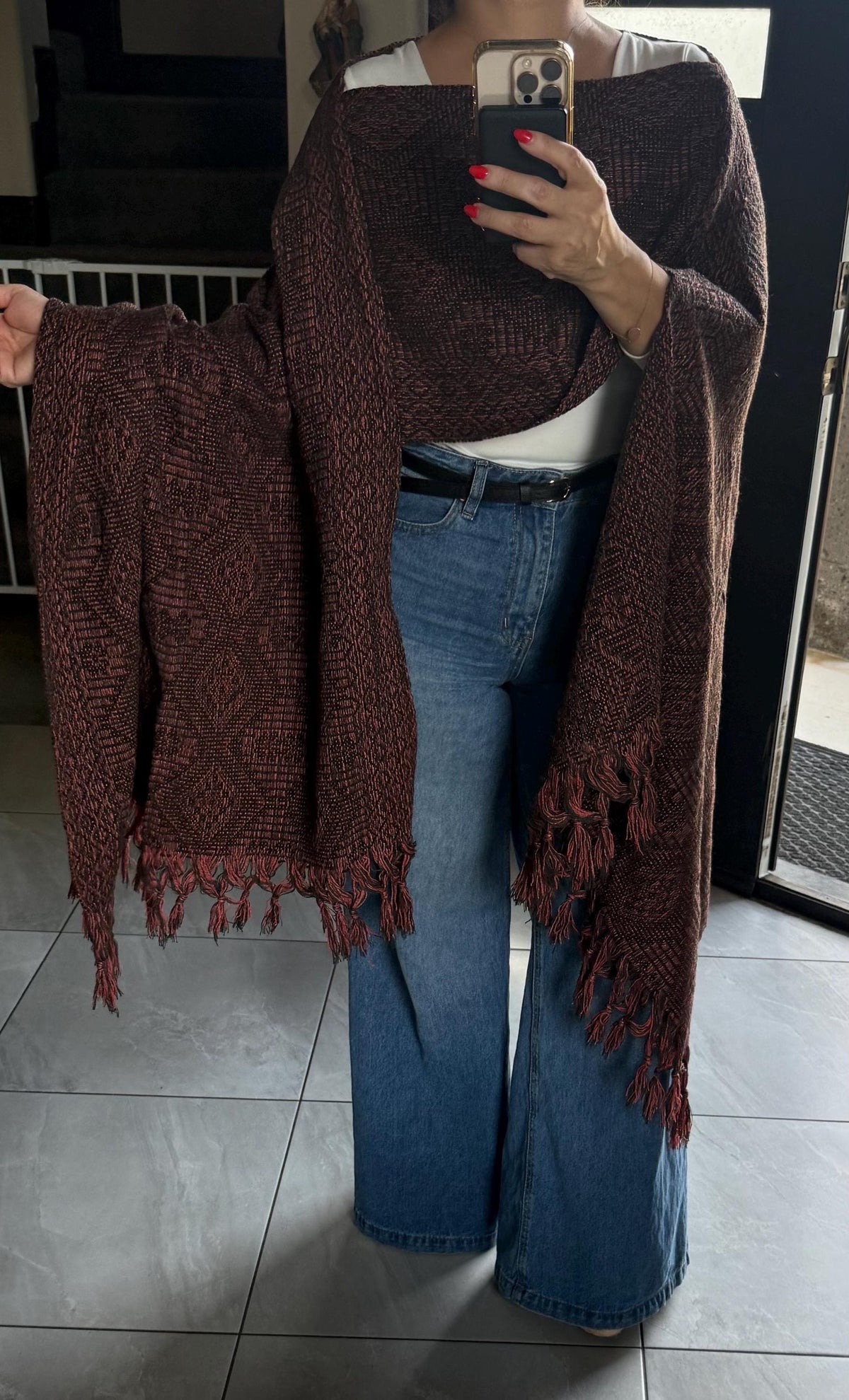 Mexican Rebozo with Pechera – Charcoal | Black | Peach | Shawl from Puebla | 80×28 in | CasaArtMex