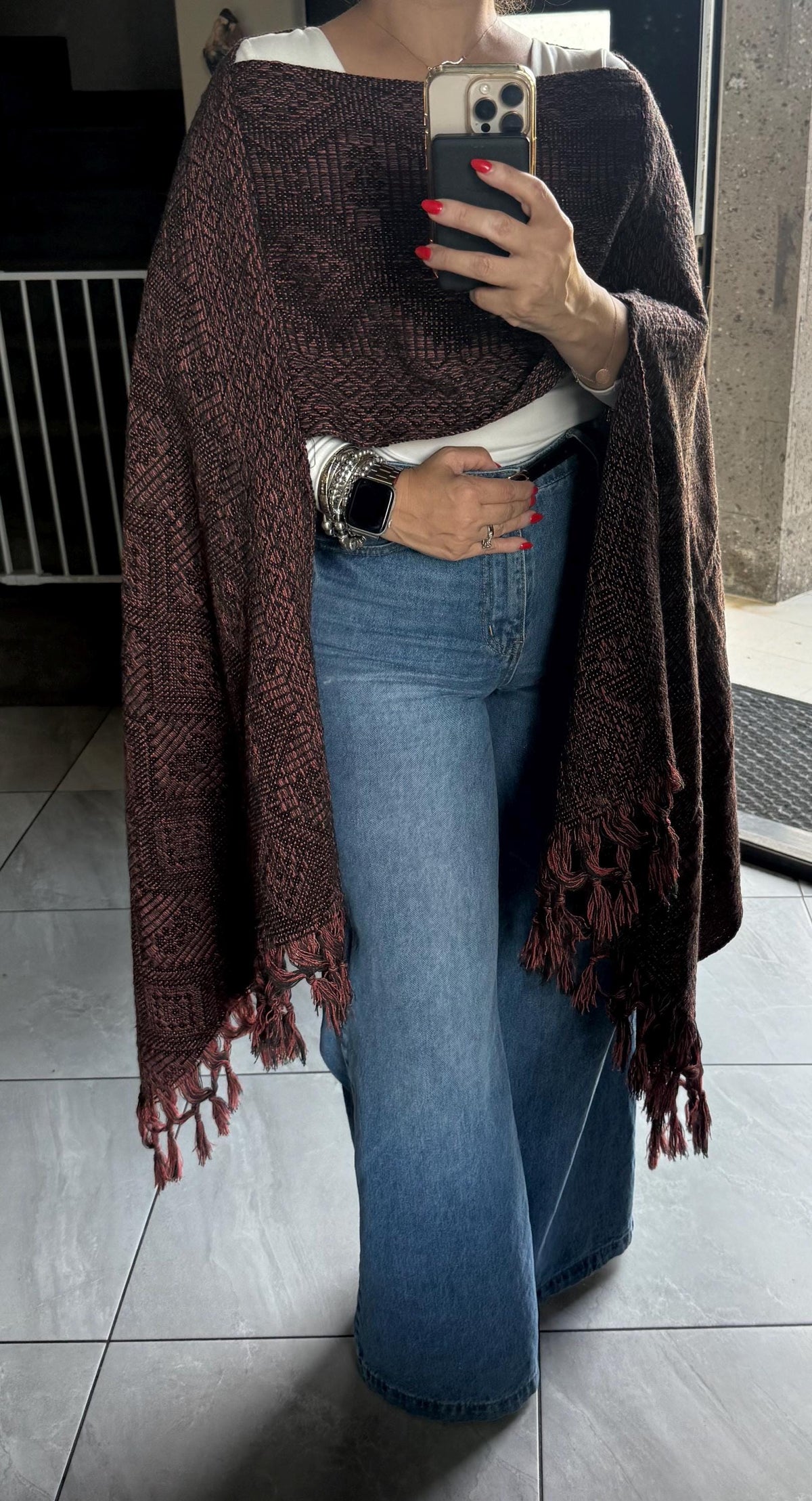Mexican Rebozo with Pechera – Charcoal | Black | Peach | Shawl from Puebla | 80×28 in | CasaArtMex