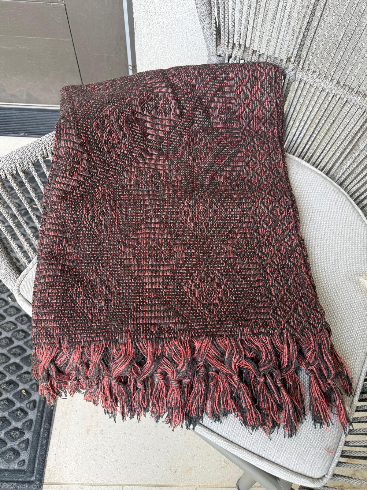 Mexican Rebozo with Pechera – Charcoal | Black | Peach | Shawl from Puebla | 80×28 in | CasaArtMex