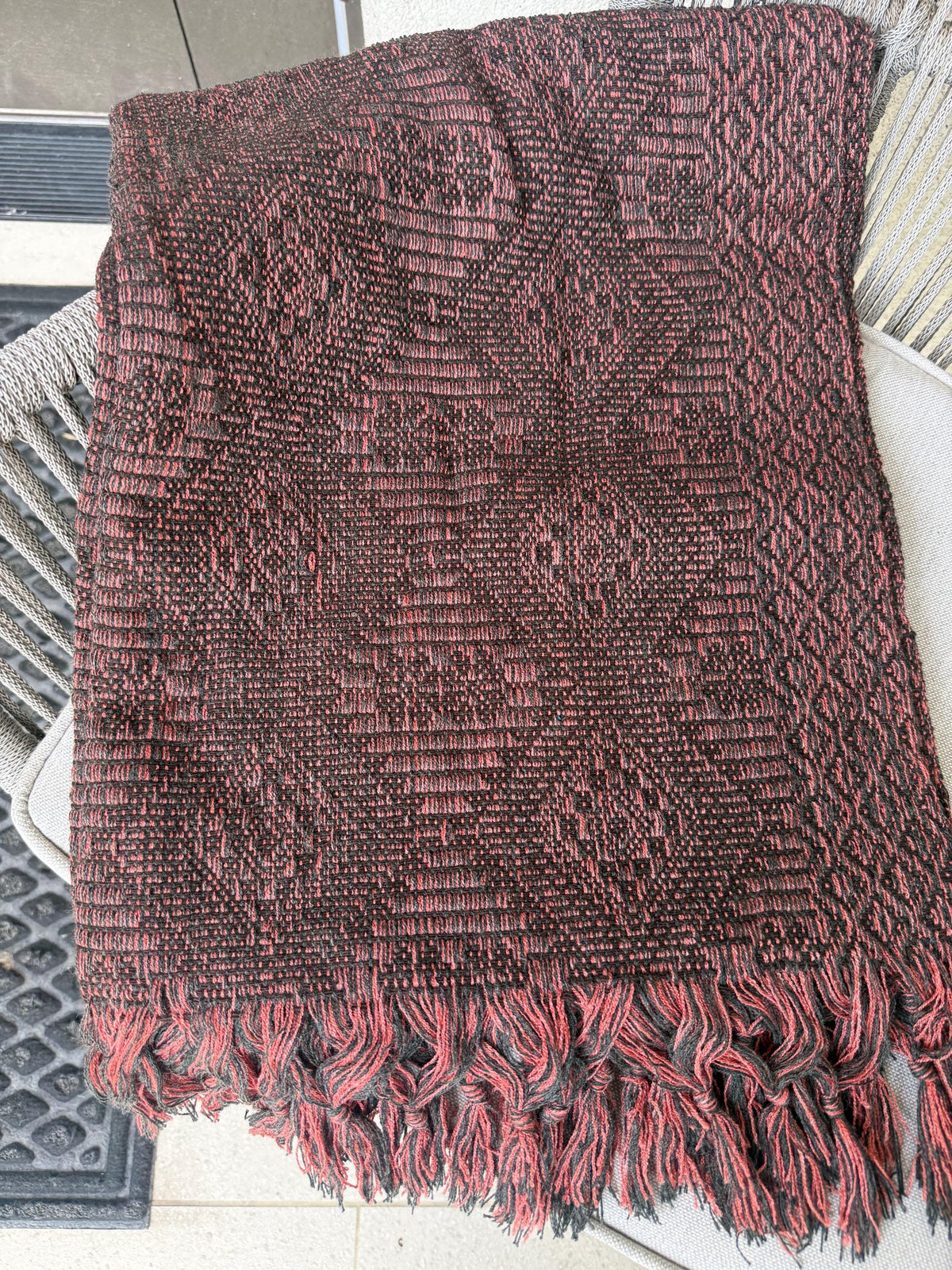 Mexican Rebozo with Pechera – Charcoal | Black | Peach | Shawl from Puebla | 80×28 in | CasaArtMex