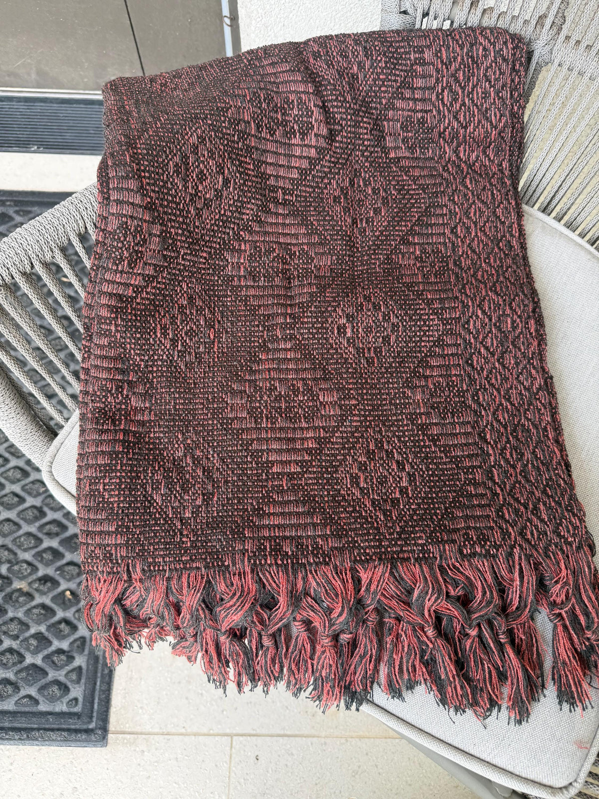 Mexican Rebozo with Pechera – Charcoal | Black | Peach | Shawl from Puebla | 80×28 in | CasaArtMex