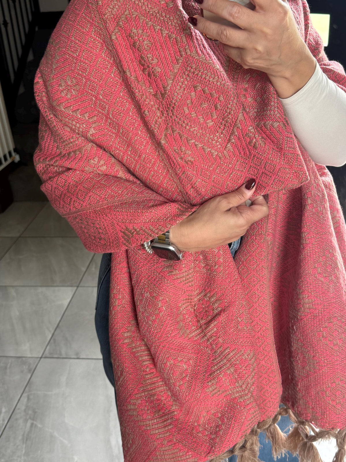 Mexican Rebozo with Pechera – Khaki | Pink | Shawl from Puebla | 80×28 in | CasaArtMex