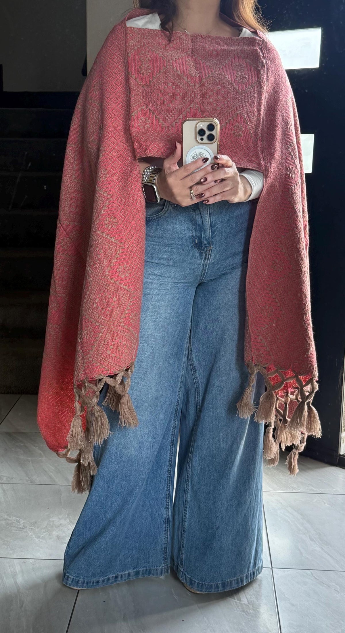 Mexican Rebozo with Pechera – Khaki | Pink | Shawl from Puebla | 80×28 in | CasaArtMex