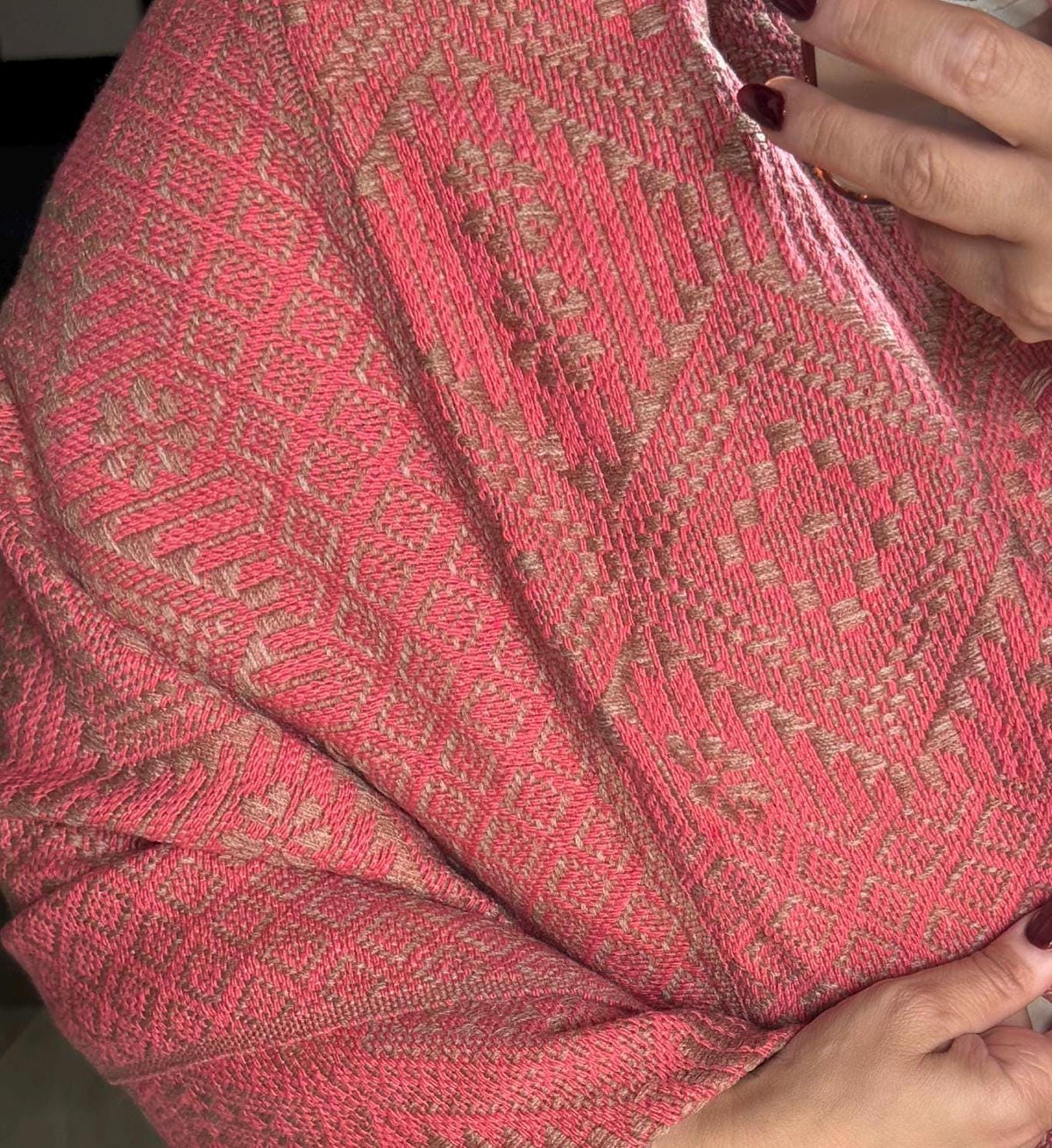 Mexican Rebozo with Pechera – Khaki | Pink | Shawl from Puebla | 80×28 in | CasaArtMex