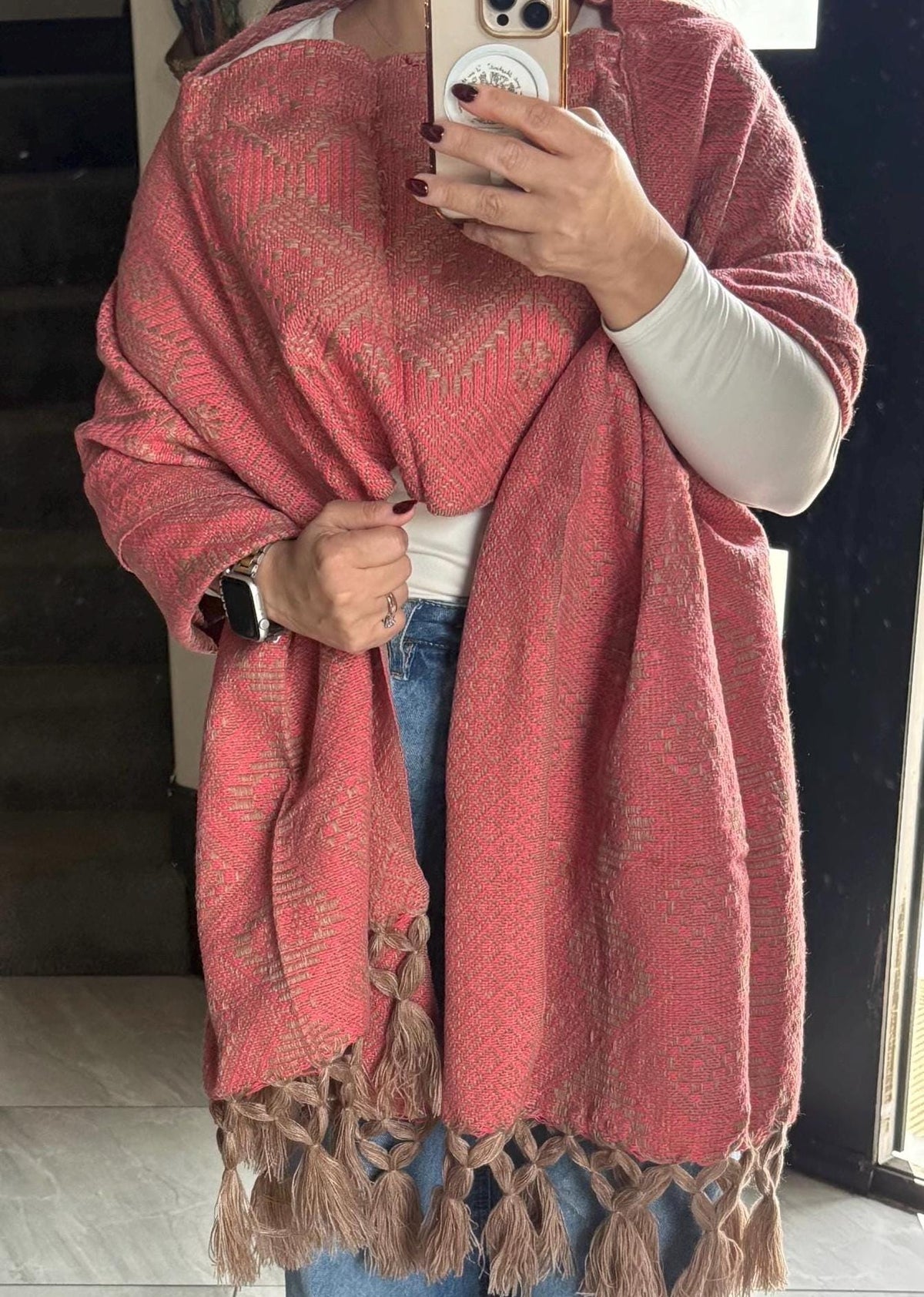 Mexican Rebozo with Pechera – Khaki | Pink | Shawl from Puebla | 80×28 in | CasaArtMex