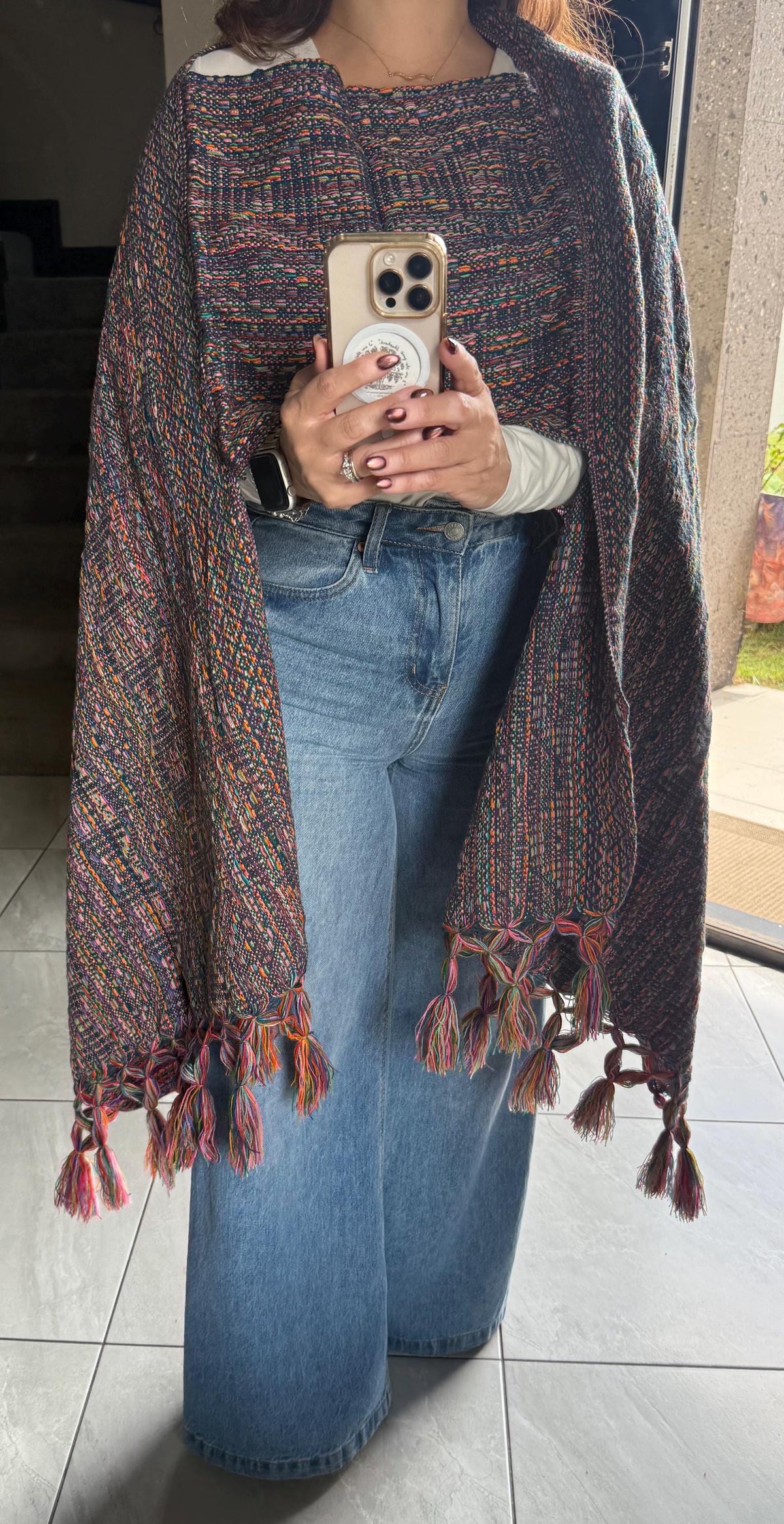 Mexican Rebozo with Pechera – Dark Blue | Multicolor Shawl from Puebla | 80×28 in | CasaArtMex