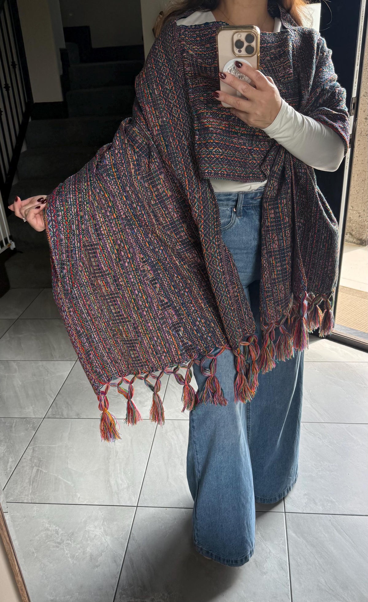 Mexican Rebozo with Pechera – Dark Blue | Multicolor Shawl from Puebla | 80×28 in | CasaArtMex