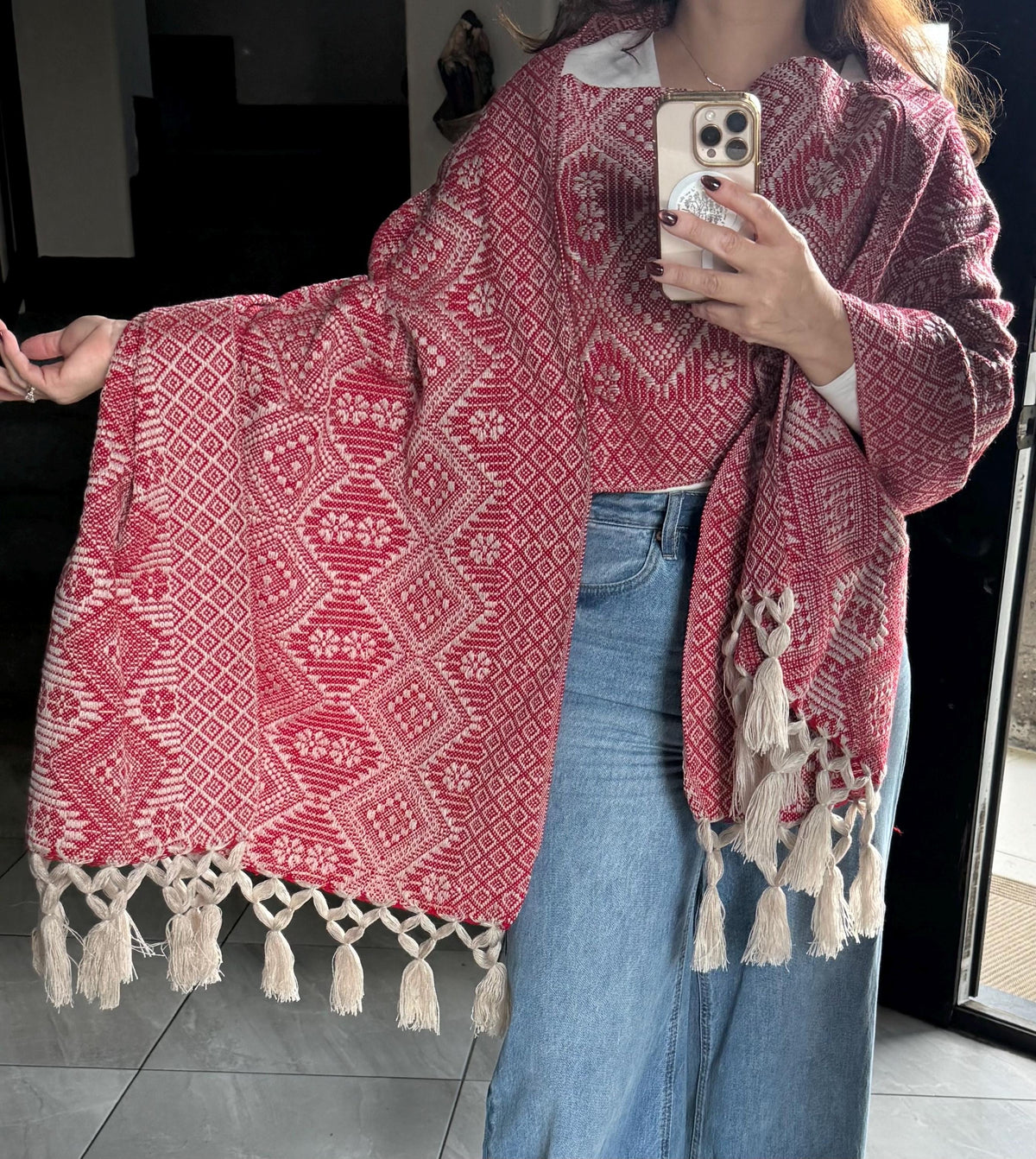 Mexican Rebozo with Pechera – Ivory | Red Shawl from Puebla | 80×28 in | CasaArtMex