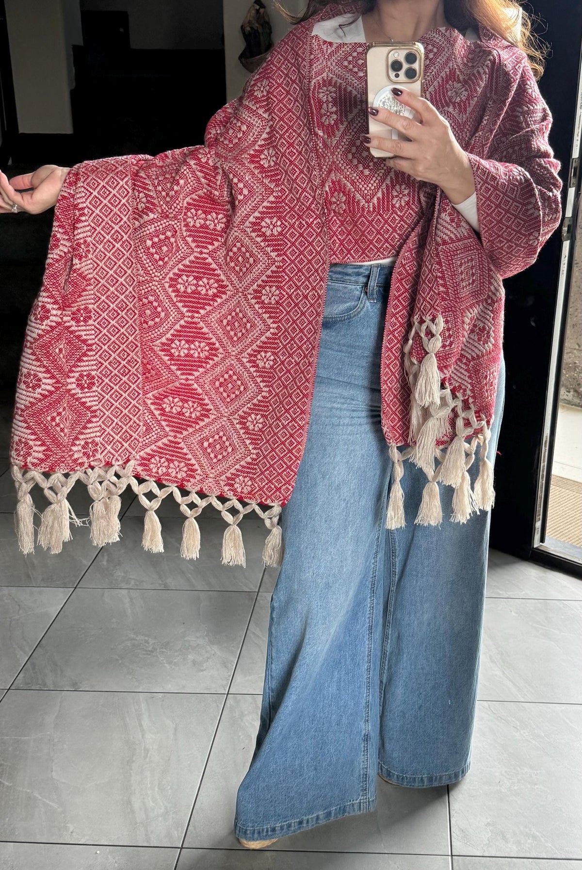 Mexican Rebozo with Pechera – Ivory | Red Shawl from Puebla | 80×28 in | CasaArtMex