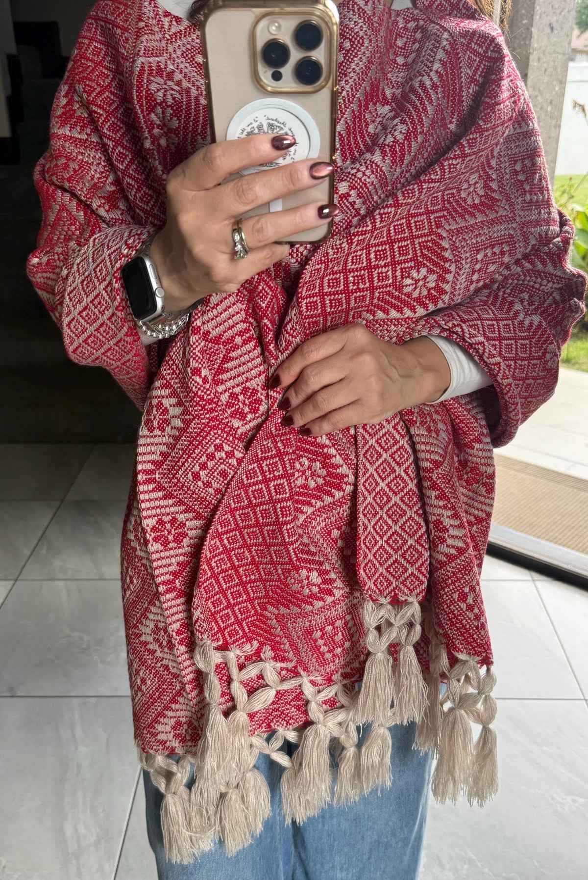 Mexican Rebozo with Pechera – Ivory | Red Shawl from Puebla | 80×28 in | CasaArtMex
