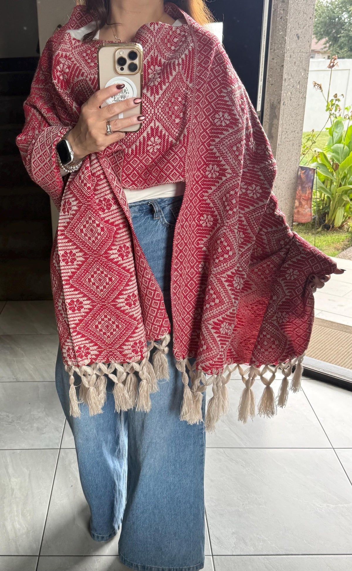 Mexican Rebozo with Pechera – Ivory | Red Shawl from Puebla | 80×28 in | CasaArtMex