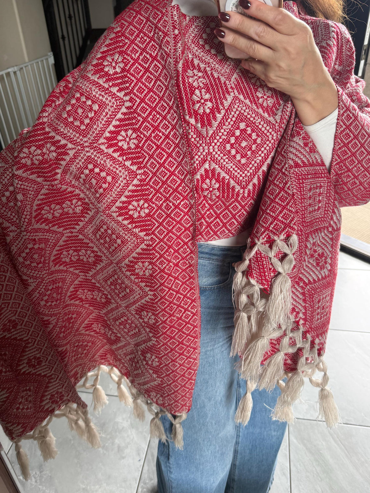 Mexican Rebozo with Pechera – Ivory | Red Shawl from Puebla | 80×28 in | CasaArtMex