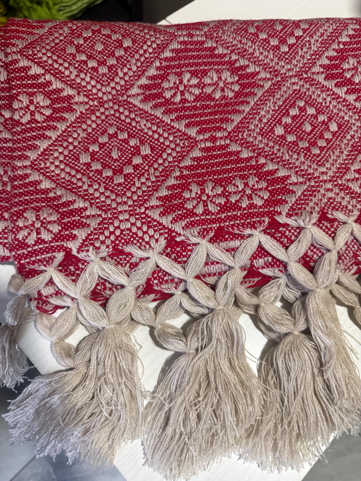 Mexican Rebozo with Pechera – Ivory | Red Shawl from Puebla | 80×28 in | CasaArtMex