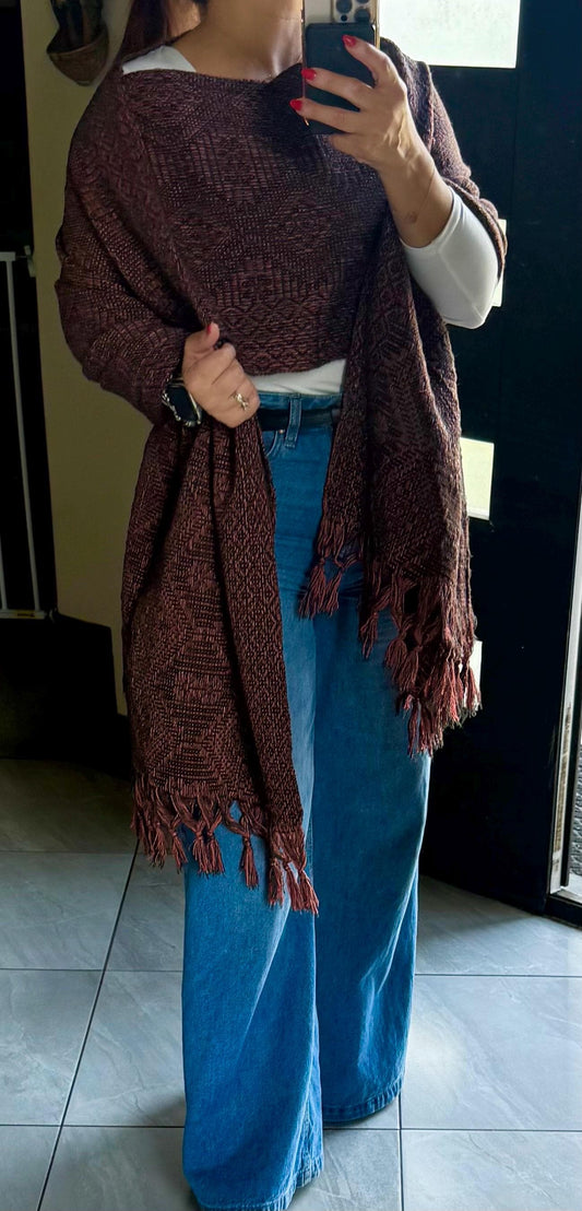 Mexican Rebozo with Pechera – Charcoal | Black | Peach | Shawl from Puebla | 80×28 in | CasaArtMex