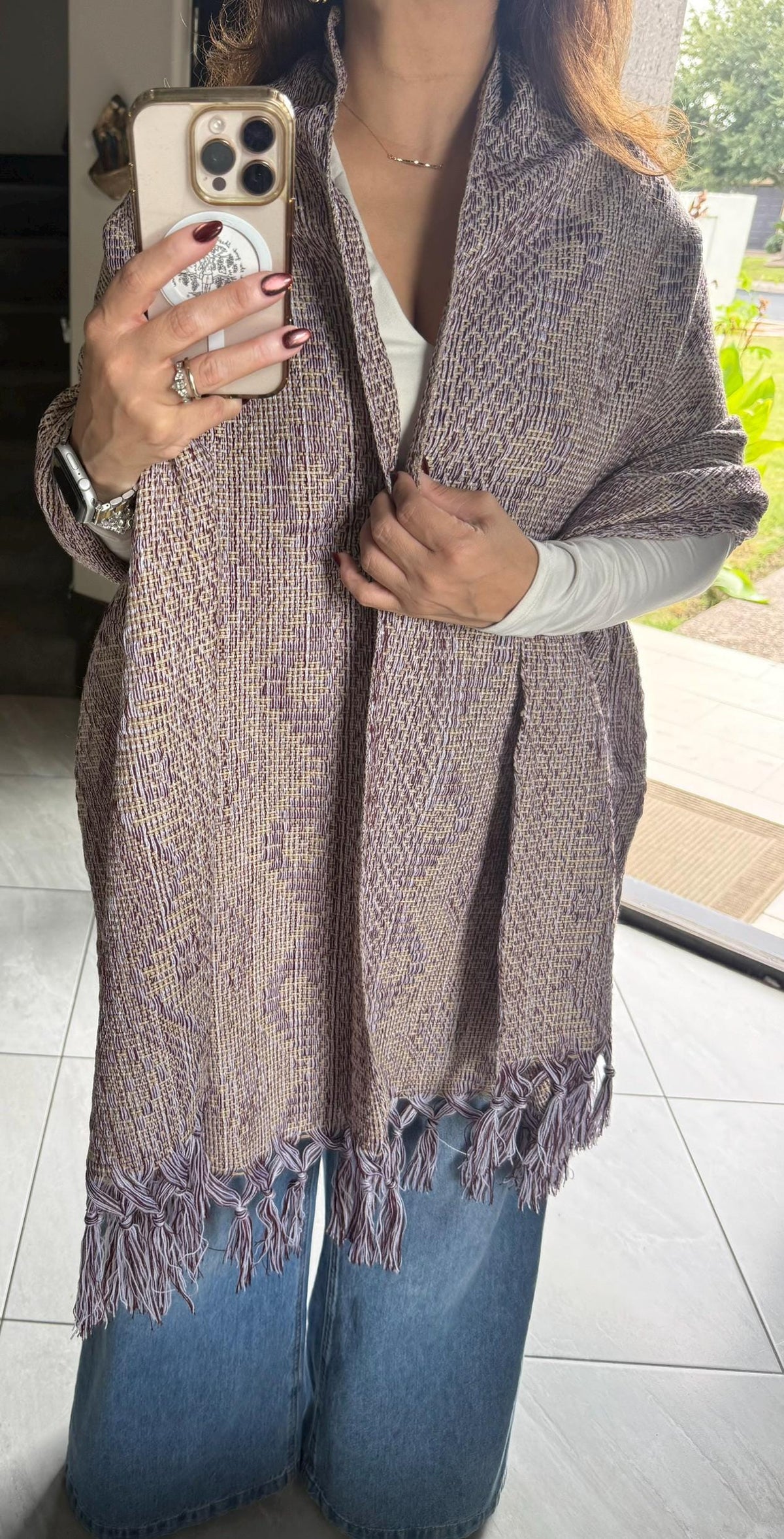 Mexican Rebozo – Multicolor | Burgundy | Khaki | White Shawl from Puebla | 80×28 in | CasaArtMex