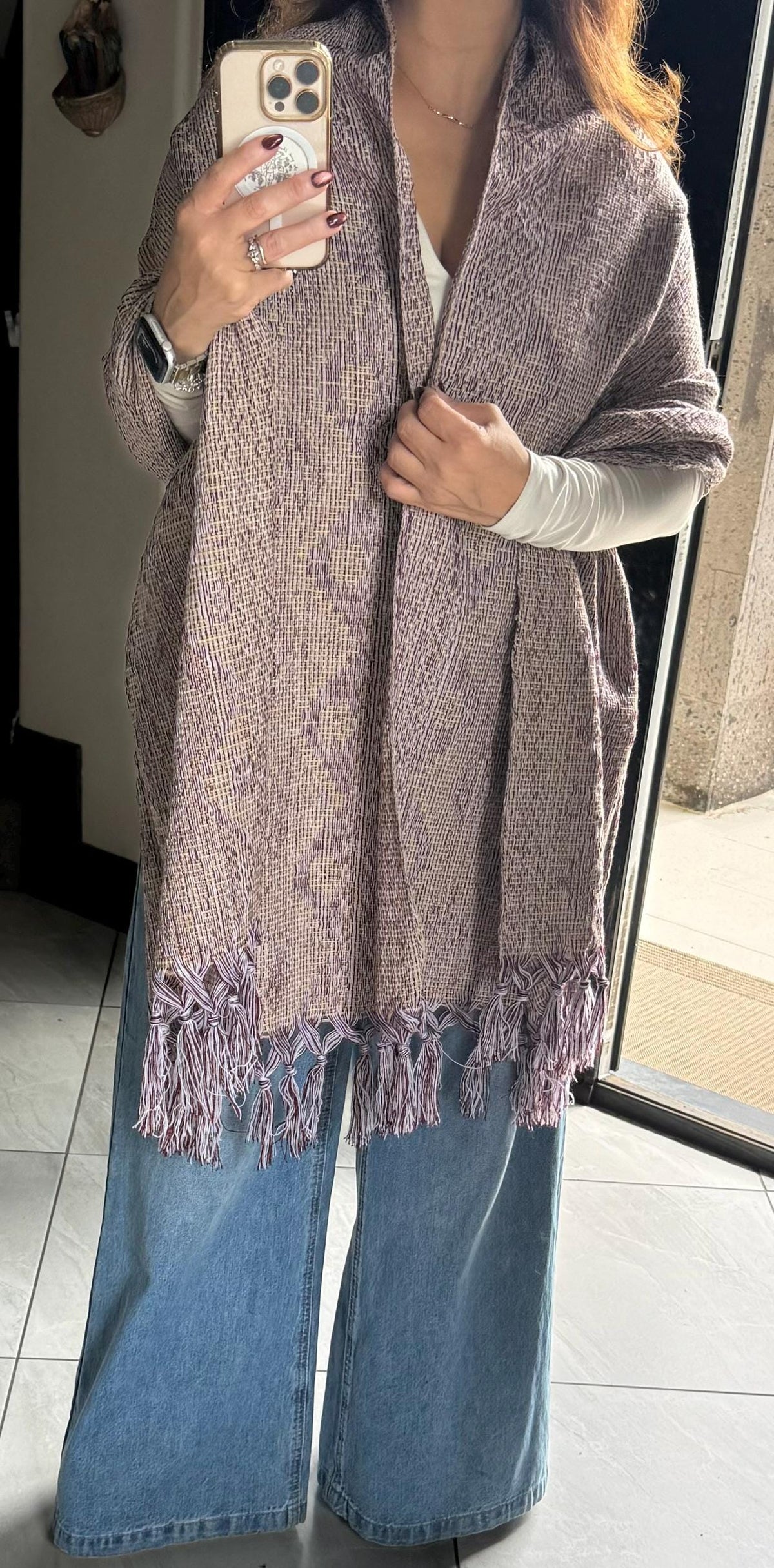 Mexican Rebozo – Multicolor | Burgundy | Khaki | White Shawl from Puebla | 80×28 in | CasaArtMex
